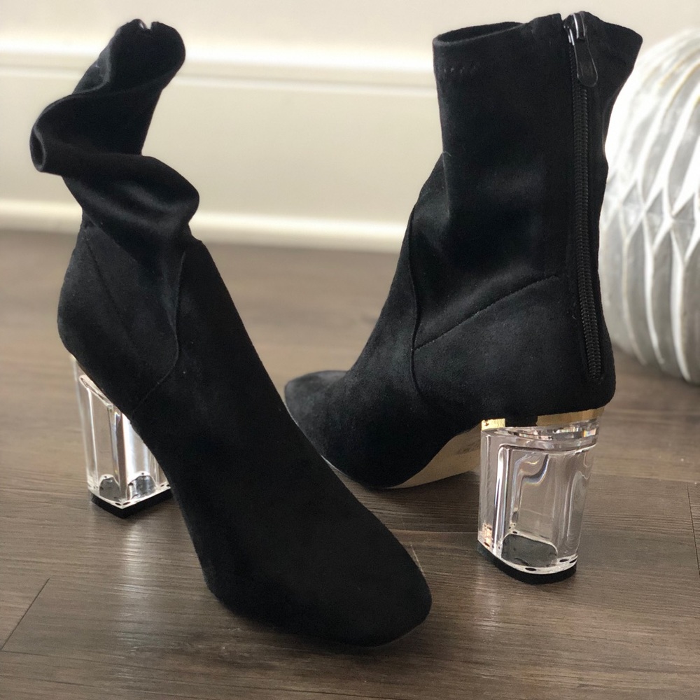 Brand new suede & Lucite booties
